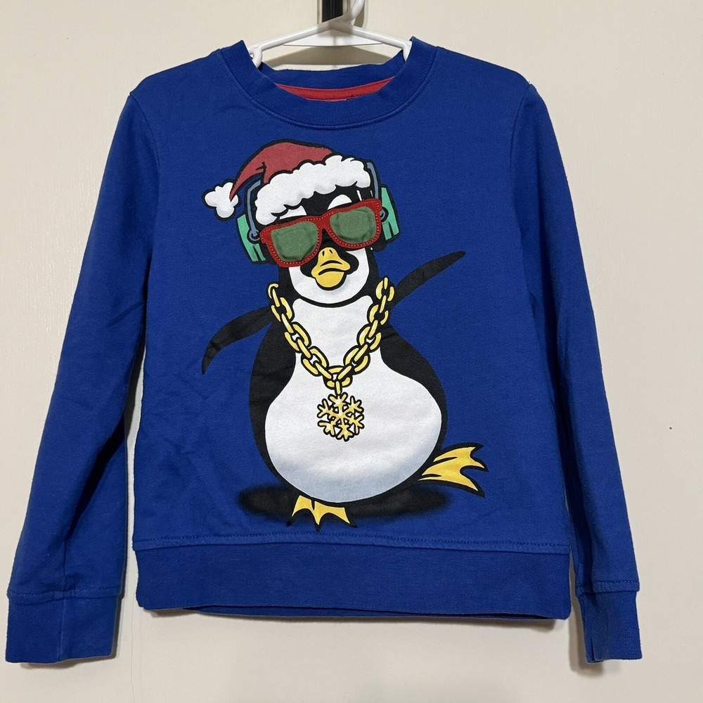 Holiday Time Boys Bling Santa Penguin Christmas Sweatshirt Blue XS 4/5